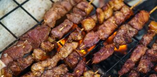 Szaszłyki mięsne grillowane nad otwartym ogniem